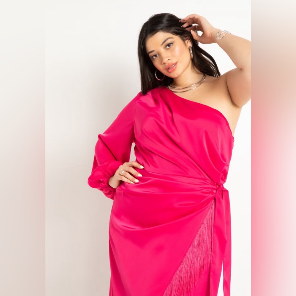 Eloquii Fringe Hem Satin Silk-Like One Shoulder Wrap Pink Plus Size Dress - Picture 4 of 6